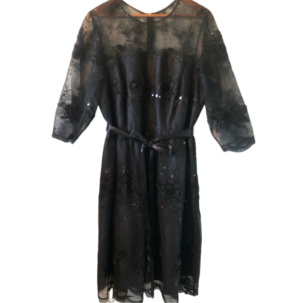 Black Lace Special Occasion Dress with Sequins Size 16W Midi Elbow Sleeves